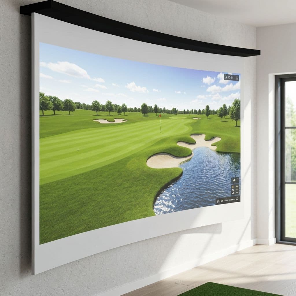 A premium golf simulator impact screen showing a projected golf course