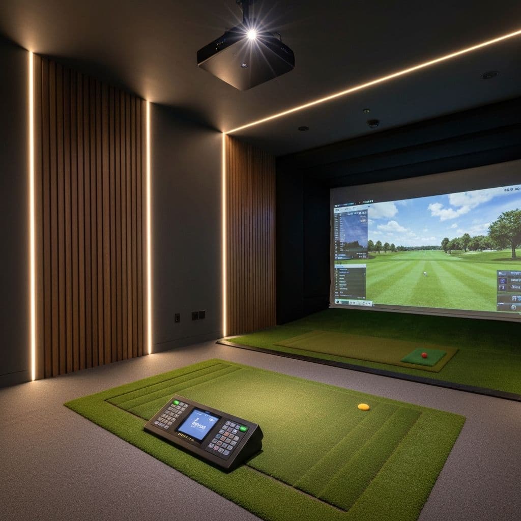 A luxury home golf simulator room with ambient lighting and premium setup
