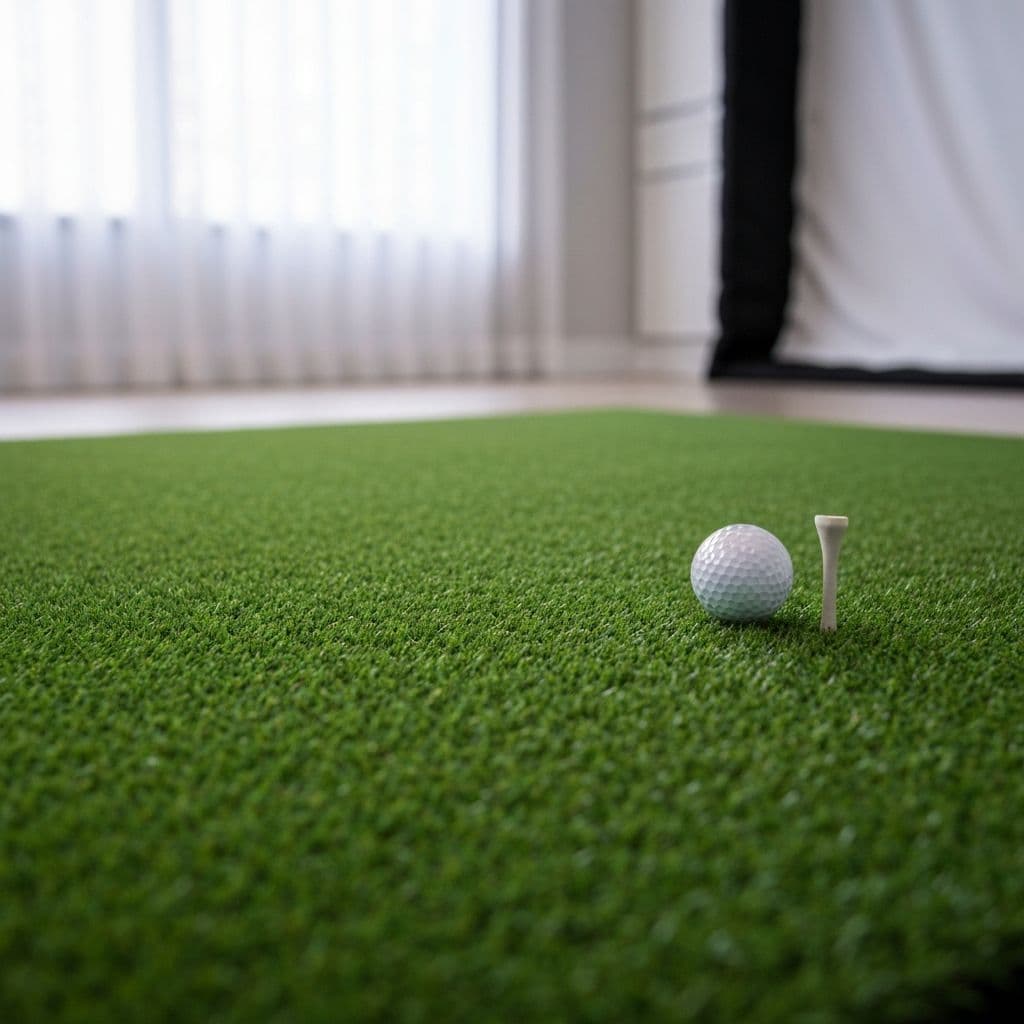 Premium golf simulator hitting mat with a golf ball and tee on artificial turf